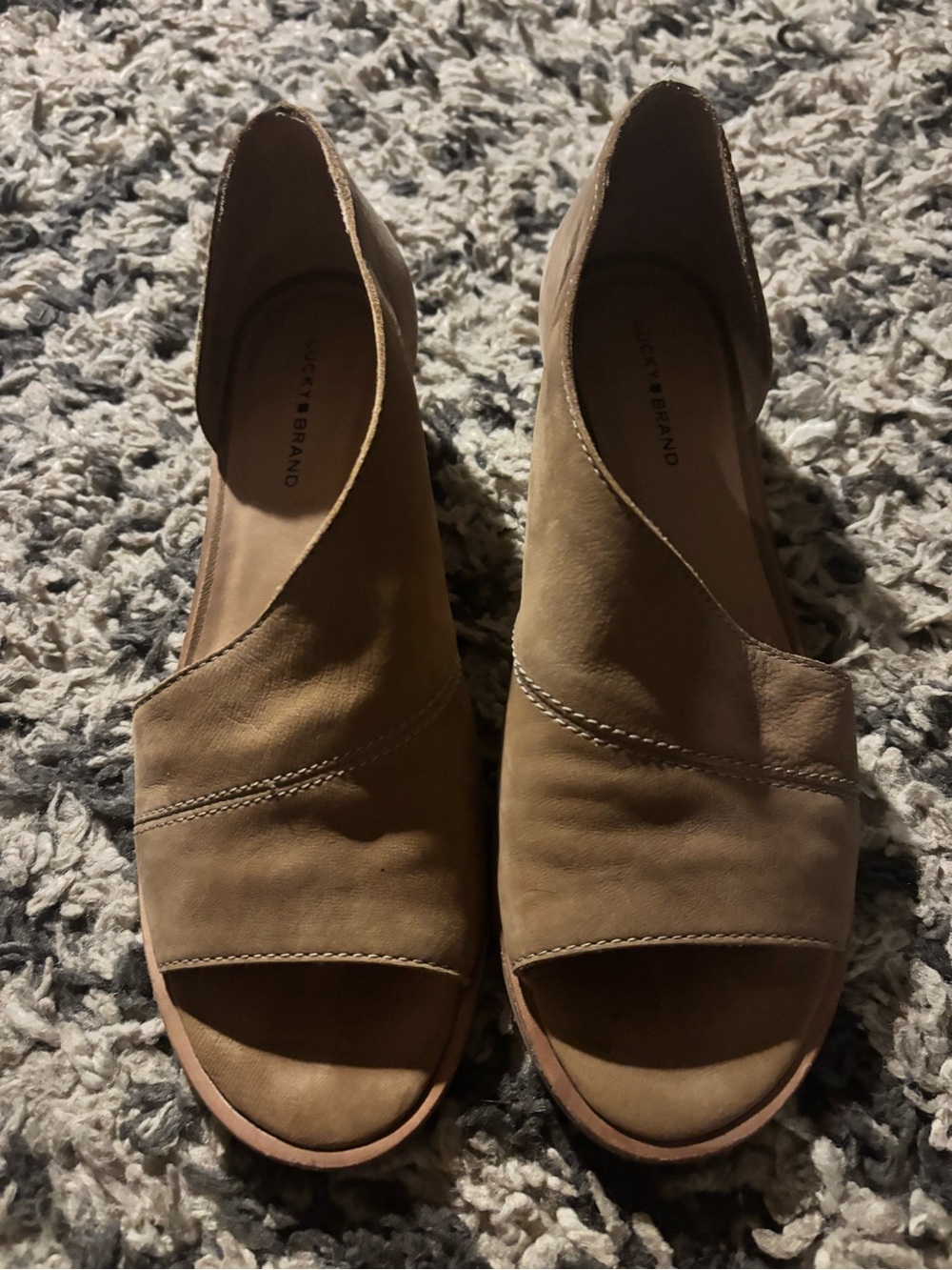 Lucky Brand Tan Suede Open-Toe Wedge Heels